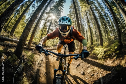 Biker Riding down a Steep Hill on a Mountain Bike Fish Eye Lens - Generative AI