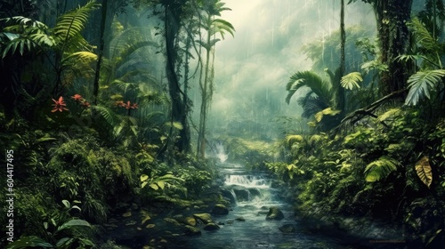Fotografia Tropical forest in the rain. Generative AI