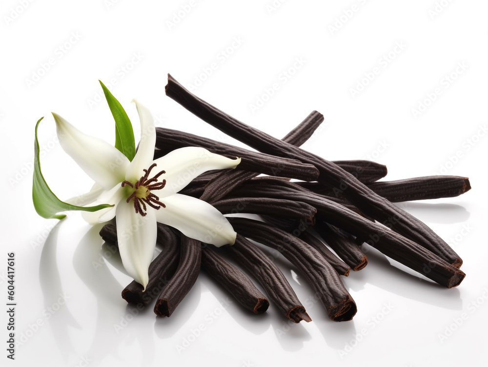 Naklejka premium A white flower is next to a vanilla bean.