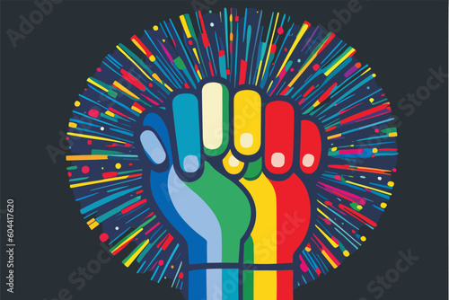 Two lgbt hands together 
connected by a single thread
 on the background of fireworks.
Colored fingers intertwined. A symbol of mutual support. Vector abstract lgbt pattern in rainbow colors.