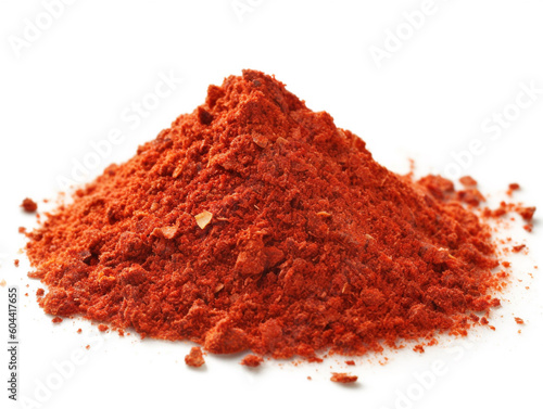 A pile of red paprika powder sits on a white surface.