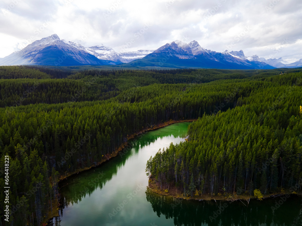 The scenic Bow River flows through the forest in Alberta, Canada. 