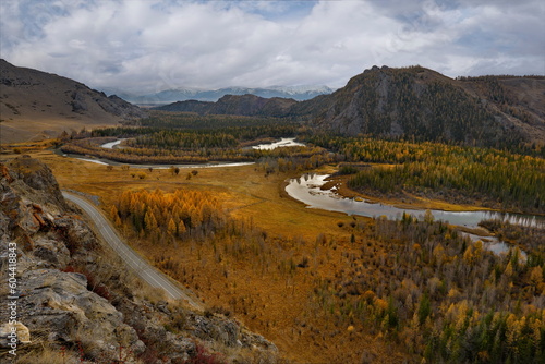 Russia. The South of Western Siberia, the Altai Mountains. Amazing autumn view of the bends of the Chuya River near the North Chuya mountain range, popularly named as the Chuya snail.