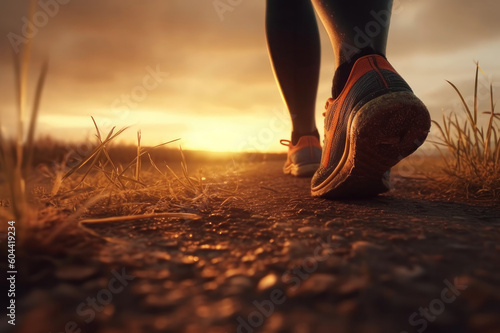 The runner walks at sunset, legs in sneakers close-up. AI generative.