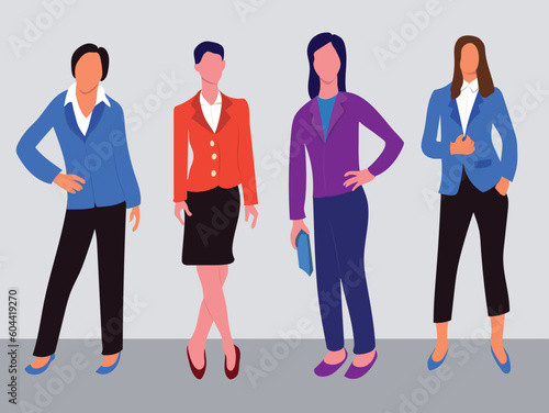 Vector illustration of  multinational standing cartoon women in office outfits. Business women collection. 