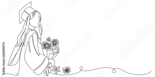 Line art vector illustration of a graduation girl with a bouquet of flowers, graduation line art style vector illustration
