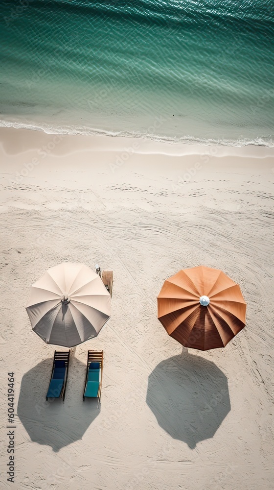 top view Two wooden loungers on the white sand, on a paradise beach. The concept of beach holidays and travel. Generative Ai.