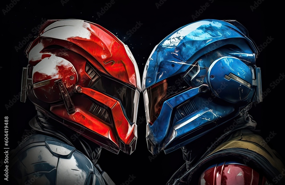 two robotic red and blue looking at each other. abstraction on the topic of technology and games. two robotic red and blue looking at each other helmets facing. 3d illustration. Generative Ai.