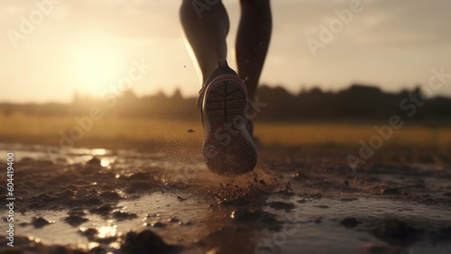 The runner runs in the mud at sunset, legs in sneakers close-up. AI generative.