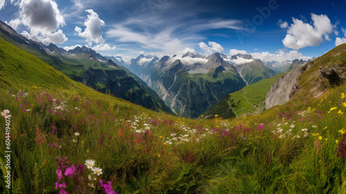 An idyllic Swiss countryside scene with rolling hills and verdant pastures  dotted with quaint villages and colorful wildflowers  with a herd of grazing cows in the foreground  evoking a feeling.