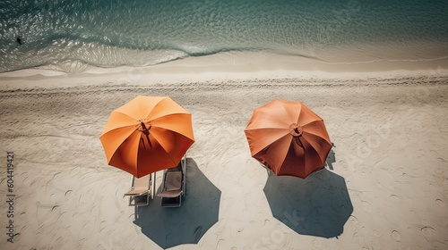top view Two wooden loungers on the white sand, on a paradise beach. The concept of beach holidays and travel. Generative Ai. © Kowit
