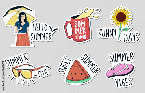 Colorful Hand drawn summer element stickers collection