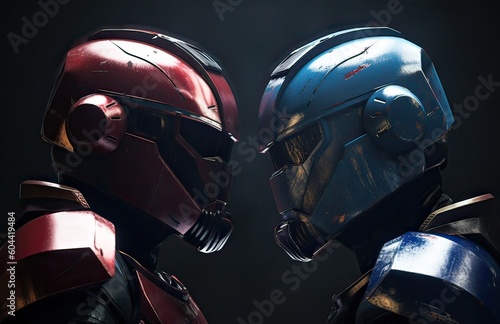 two robotic red and blue looking at each other. abstraction on the topic of technology and games. two robotic red and blue looking at each other helmets facing. 3d illustration. Generative Ai.