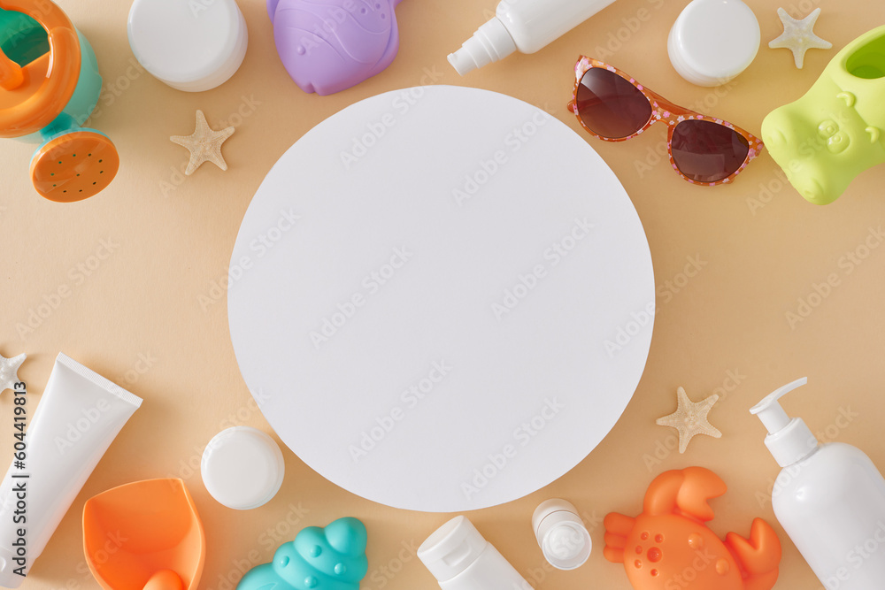 Sunscreen Frame Sunscreen concept for children. Top view flat lay of sunscreen bottles ...
