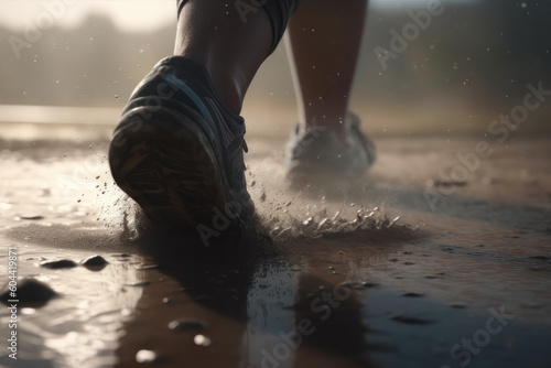 A man walks along a dirt road, legs in sneakers close-up. AI generative.