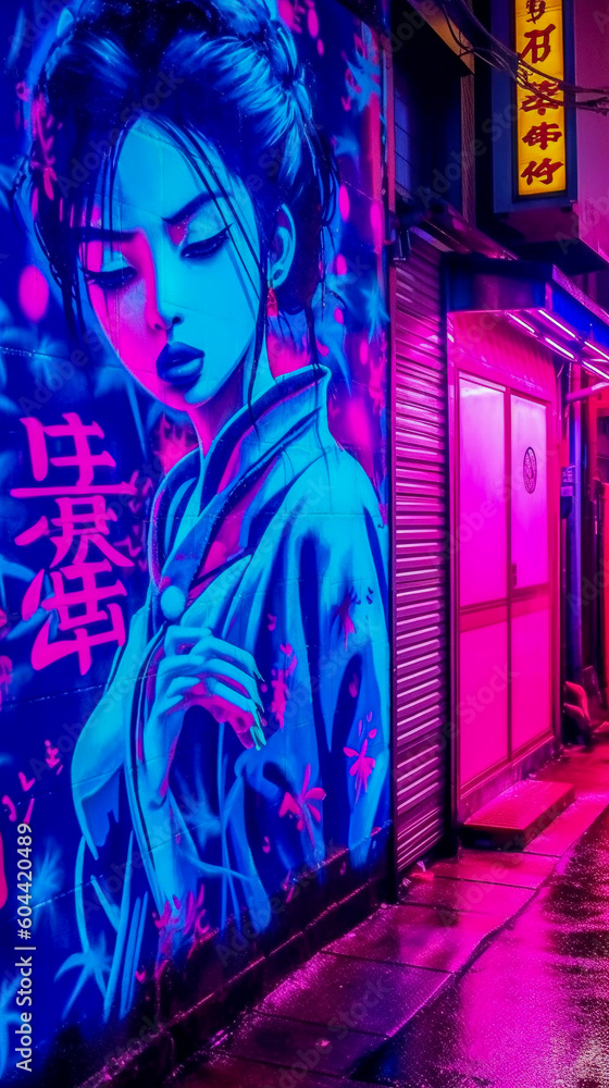 Japanese Graffiti on street wall, neon light, street art by night,  Generative AI Stock Illustration | Adobe Stock