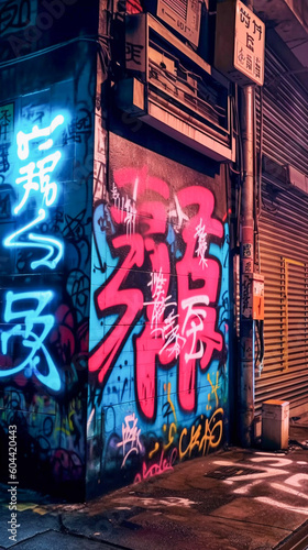 Japanese Graffiti on street wall, neon light, street art by night, Generative AI
