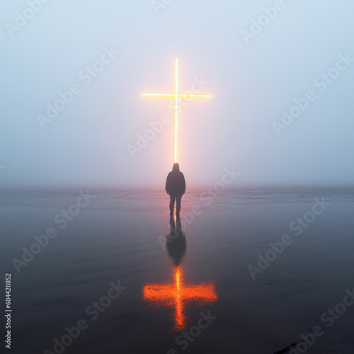 a man looks at a glowing cross, Generative AI