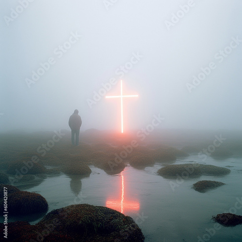 a man looks at a glowing cross, Generative AI