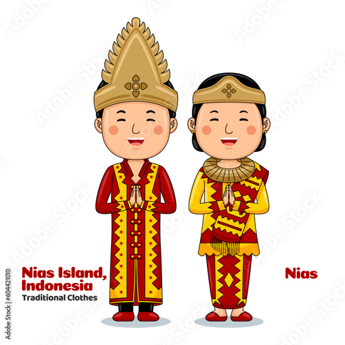 Couple wear Traditional Cloth greetings welcome to Nias Island photo