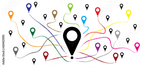 Pointer or point trekking route. Marks, location martker icon. Pin between multiple points. Navigation and travel concept. Dotterd track, line pattern. Map, road, direction arrow. Pins points mark.