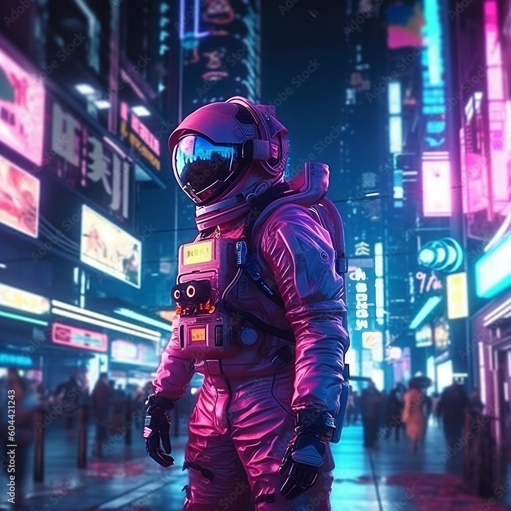 Neon Night Adventures: Futuristic Astronaut in Cyberpunk City, generative AI Neon Night Adventures: Futuristic Astronaut in Cyberpunk City, generative AI