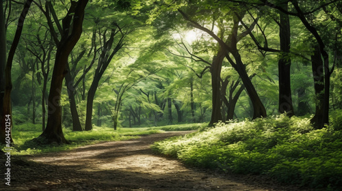 Tranquil Landscape: A Harmonious Blend of Sunlight and Trees Generative AI © Viktor
