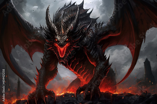 Massive dragon with black scales, red eyes, and a razor - sharp tail. It is said to be able to breathe poisonous fire and has the ability to control the elements of darkness and death,Generative AI