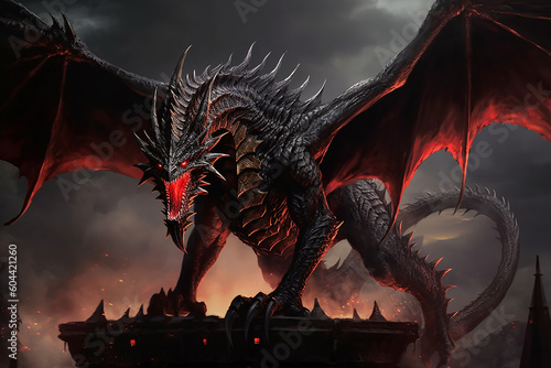 Massive dragon with black scales  red eyes  and a razor - sharp tail. It is said to be able to breathe poisonous fire and has the ability to control the elements of darkness and death Generative AI