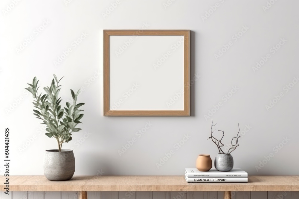 AI Generated Empty wooden picture frame mockup in home hanging in the wall background