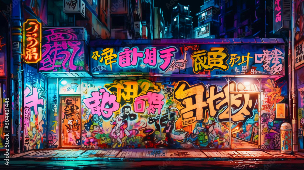 Poster, Print Japanese Graffiti on street wall, neon light, street art by night, Generative AI, 40x22.2 cm Poster, Print Japanese Graffiti on street wall, neon light, street art by night, Generative AI, 40x22.2 cm