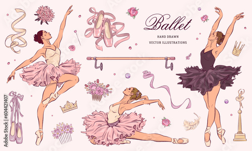 Hand drawn sketch ballet set. Vector illustration of ballerina and ballet studio elements isolated on background