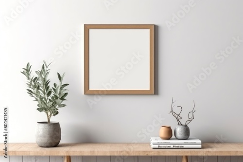 AI Generated Empty wooden picture frame mockup in home hanging in the wall background © NikahGeh