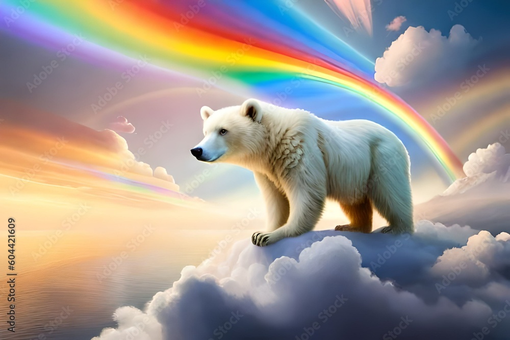 Fototapeta premium a white cartoon teddy bear on a cloud and around them a rainbow
