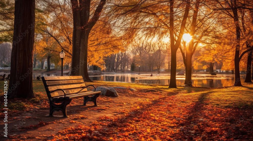 Tranquil Scene of a Sunlit Park in Autumn Generative AI