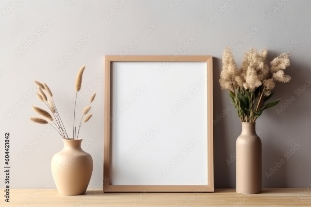 AI Generated Empty wooden picture frame mockup in home interior design background AI Generated Empty wooden picture frame mockup in home interior design background