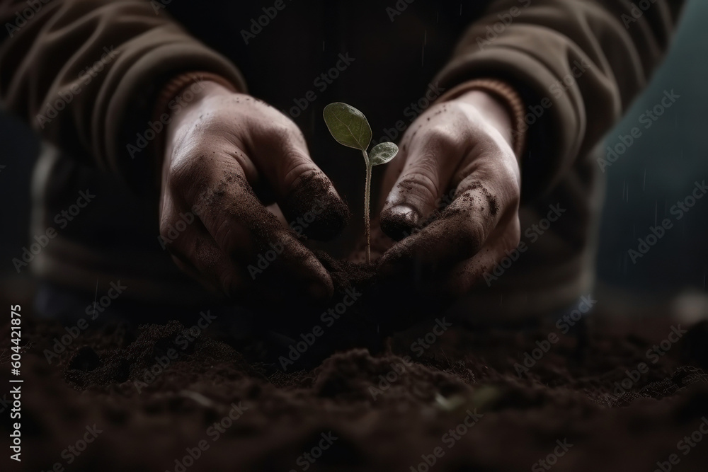 Hands plant a sprout in the ground. AI generative.