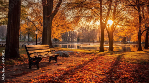 Tranquil Scene of a Sunlit Park in Autumn Generative AI
