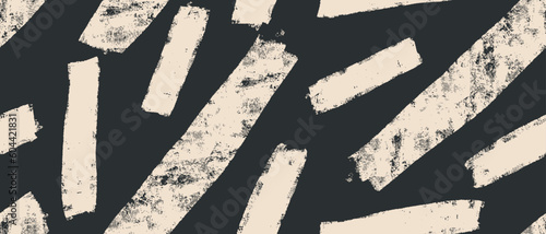 Hand Drawn Irregular Geometric Seamless Vector Pattern. Brush  Light BeigeStripes and Dabs Isolated on a Pale Black Background. Abstract Repeatable Design with Ivory Stripes on a Black Layout. 