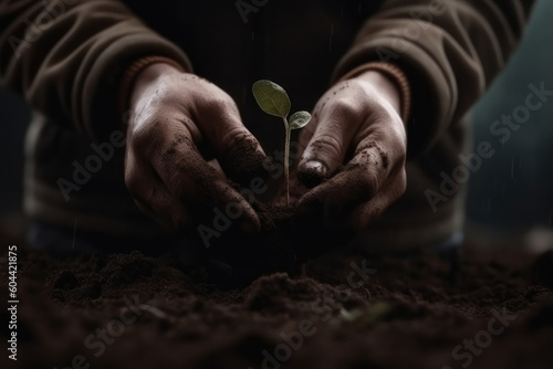 Hands plant a sprout in the ground. AI generative.