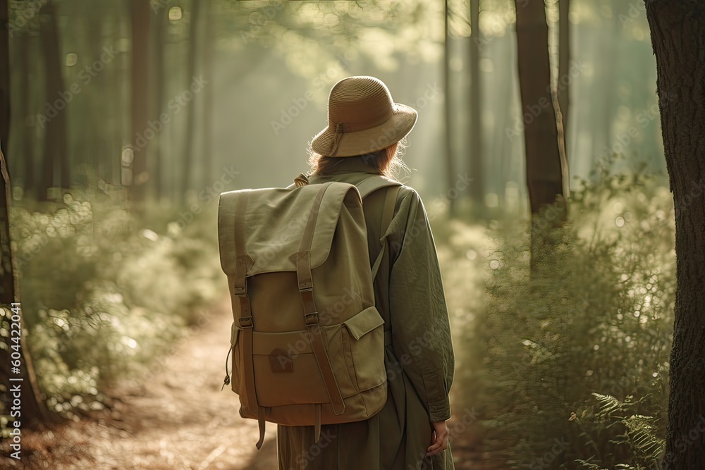 Woman with backpack hiking in forest at springtime. Woodland with flowering wild garlic. Adventure in beautiful nature. Generative Ai.