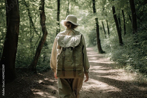 Woman with backpack hiking in forest at springtime. Woodland with flowering wild garlic. Adventure in beautiful nature. Generative Ai.