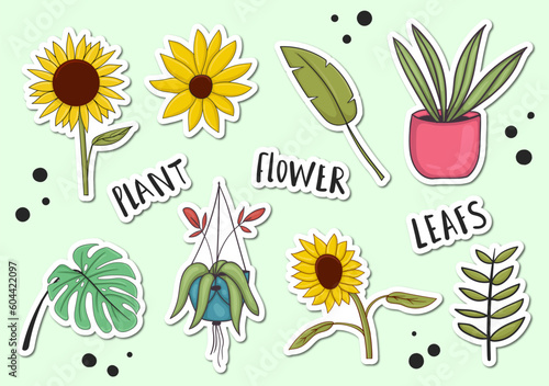 Colorful Hand Drawn Plants Stickers Collection