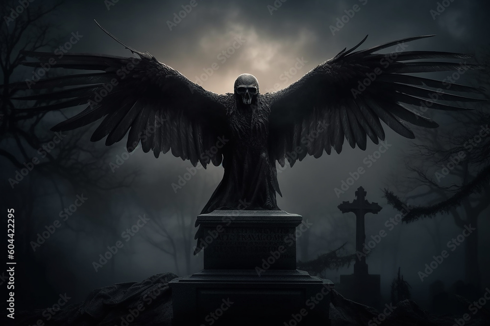 Fototapeta premium Skeleton with large raven wings outstretched perched on tombstone dark fantasy foggy moonlit,Generative AI