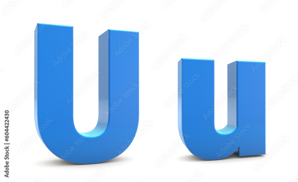 Capital and Small letter U 3d isolated on white background. U letter 3d. 3D rendering. Capital and Small letter U 3d isolated on white background. U letter 3d. 3D rendering.