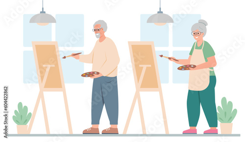 Elderly man and woman artist painting picture on easel. Senior people active lifestyle and creative hobby concept. Vector cartoon or flat illustration.