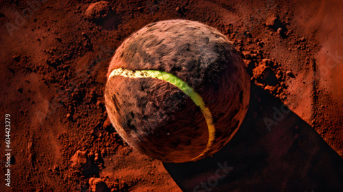 The Red Dust Dance: Tennis Ball on a Clay Court, a close up of a tennis ball on a court
