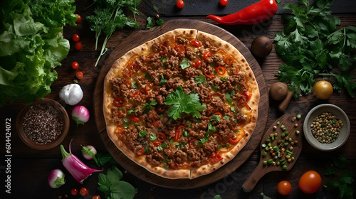 Lahmacun with minced lamb and beef on a thin dough with vegetables and herbs, horizontal showcase. Wooden table, top view, flat lay, AI generated. photo