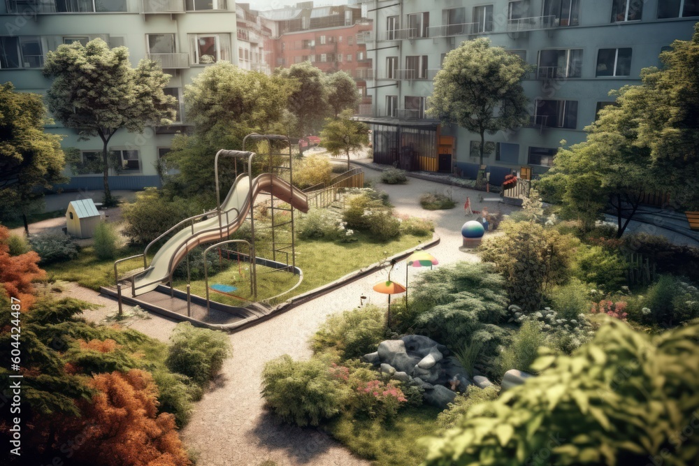 AI Generated Hyperrealism playground view with garden background
