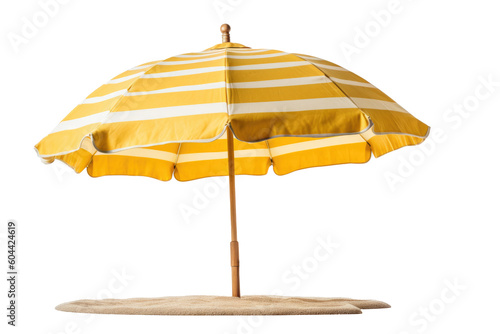 Open Yellow Striped Beach Umbrella. Isolated cutout with transparent PNG background. Generative AI. photo